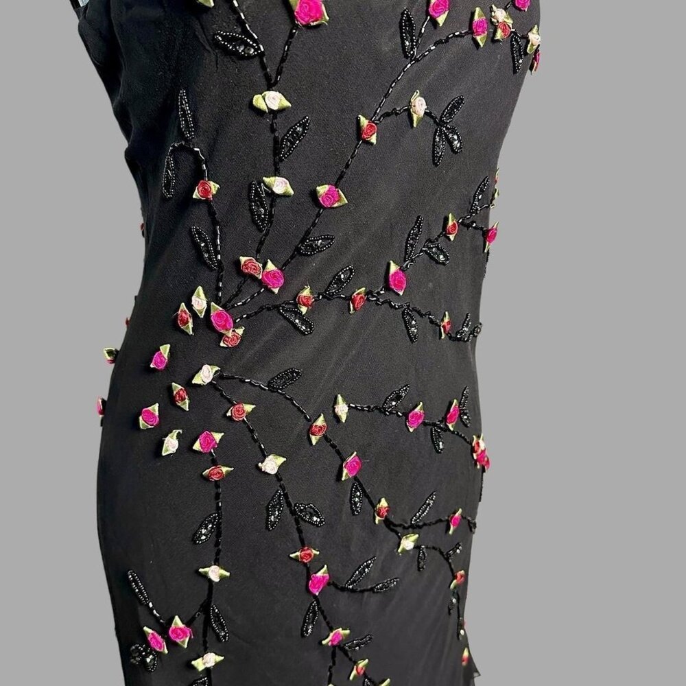 Y2K gothic fairycore beaded silk ribbon flower asymmetrical ruffle fringe dress - Picture 8 of 11